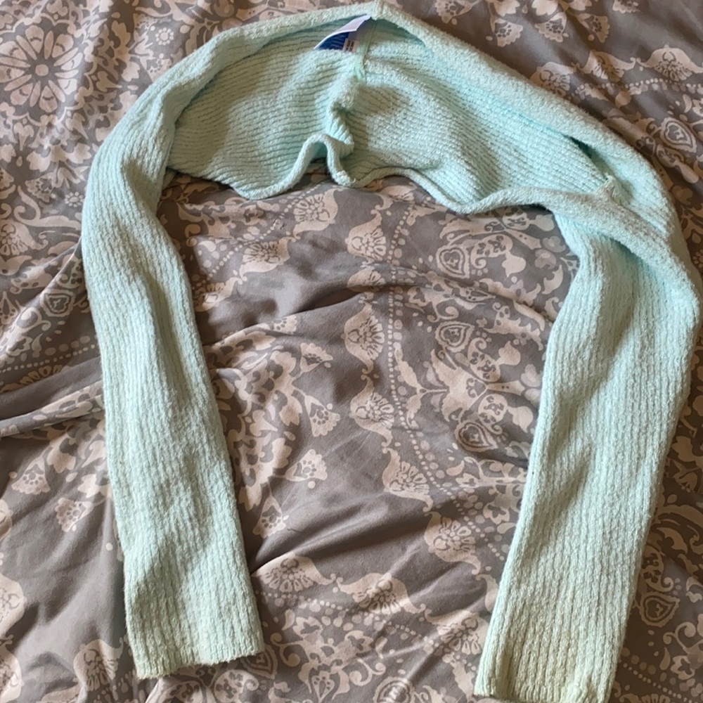 teal cropped backless cardigan